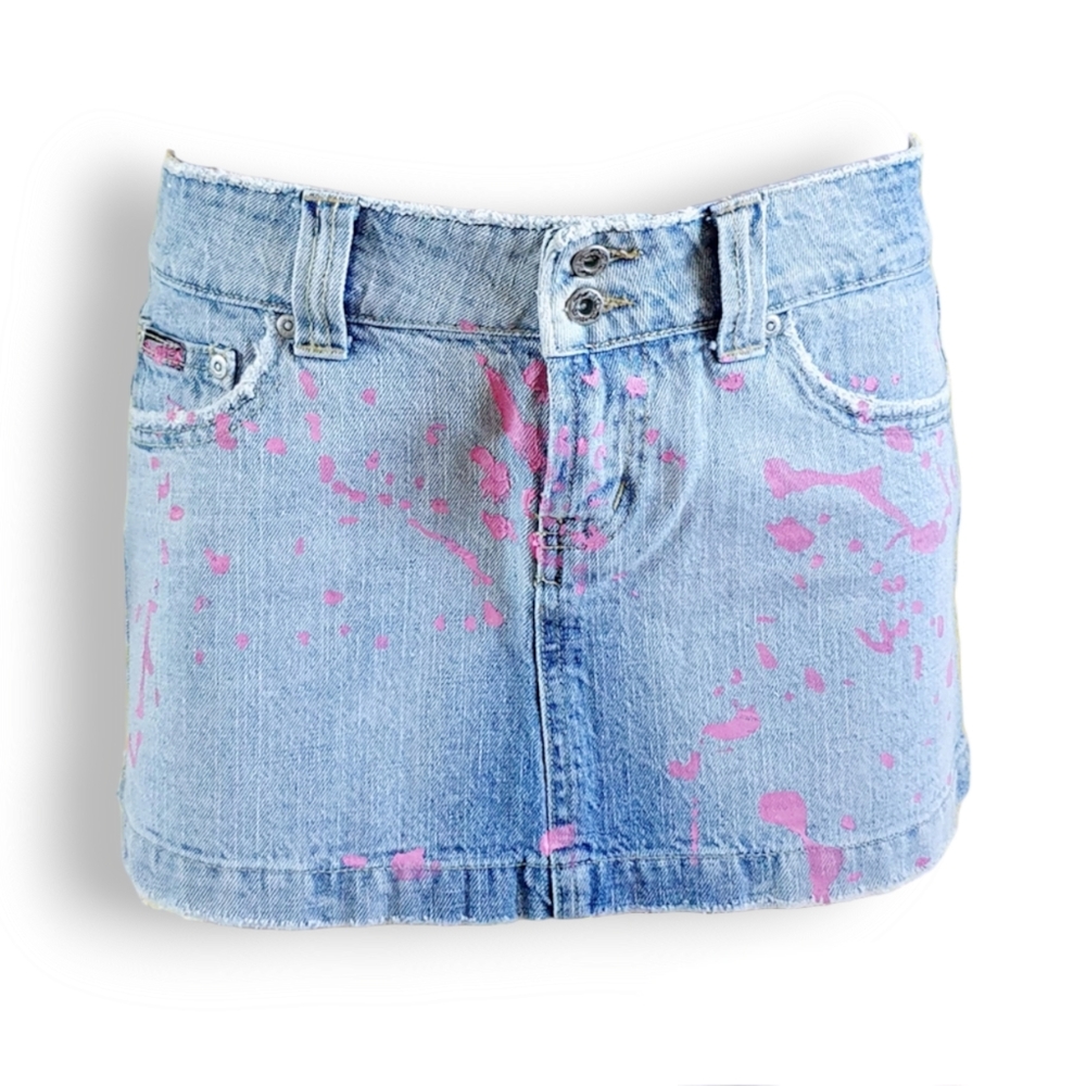 Y2k blue denim mini/ short skirt with pink splash paint print BUBBLEGUM AU 8-10 - Picture 1 of 6